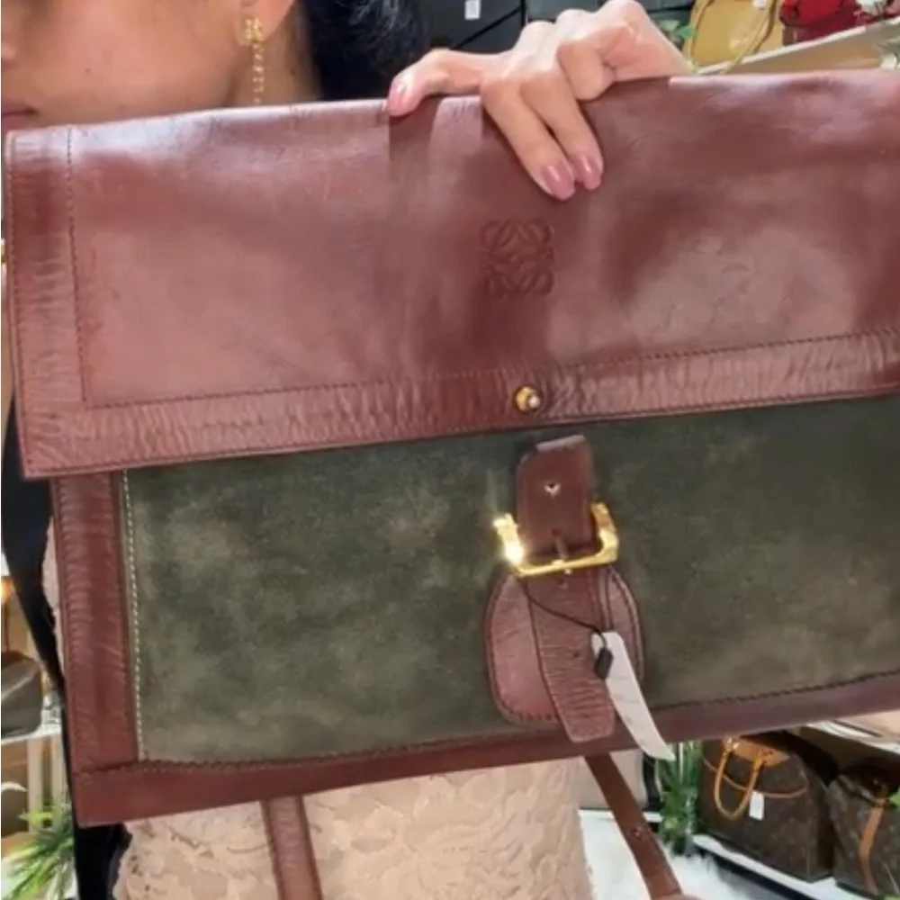 Loewe Brown and Green Leather Document Bag